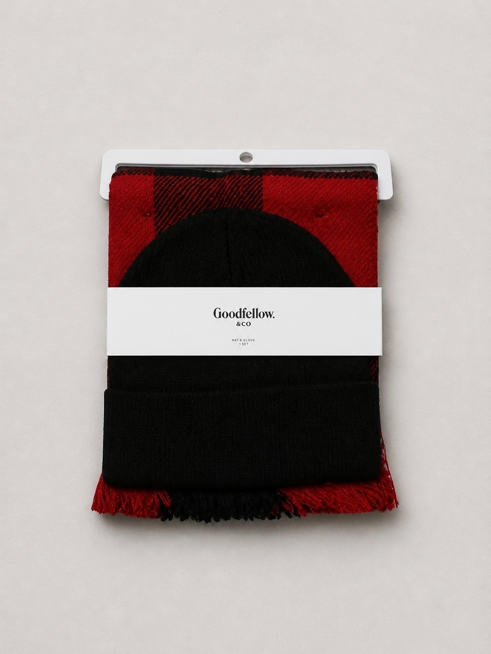 Goodfellow & Co Red and Black Plaid Scarf with Black Knit Hat Set NWT